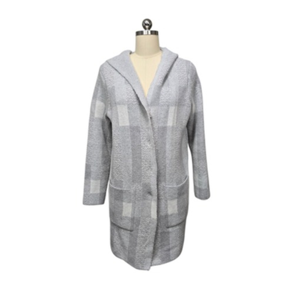 Soft Surroundings Sweater Womens Medium Gray Hooded Open‎ Front Cardigan Plaid
